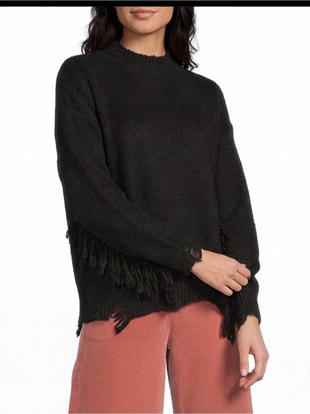 NEW Chelsea & Violet Black Fringe LONG SLEEVE MOCK NECK Distressed Sweater SZ M